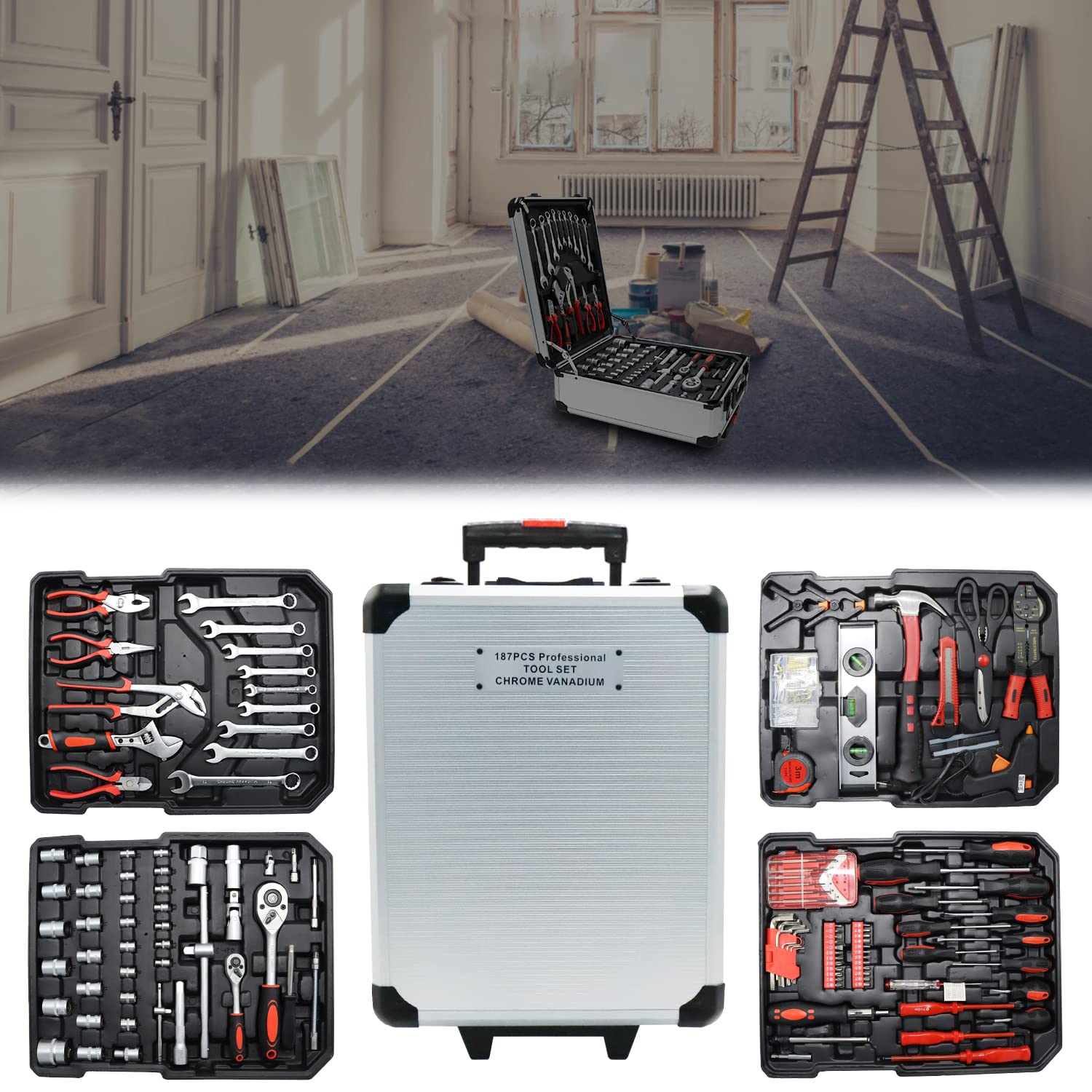 XTAUTO 187 Pieces Tool Kit Tool Box Household Hand Tool Sets Auto